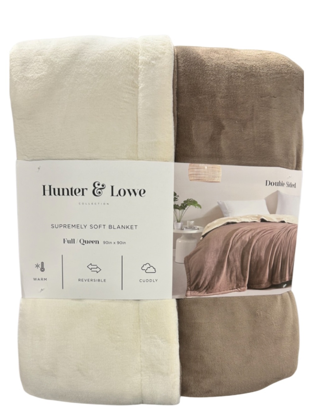 Hunter & Lowe Taupe and Ivory Supremely Soft Reversible Queen Blanket 90”x90”